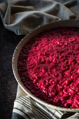 Homemade beetroot risotto with thyme 