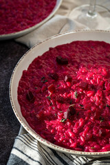 Homemade beetroot risotto with thyme 