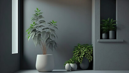 Interior background of room with gray stucco wall and pot with plant