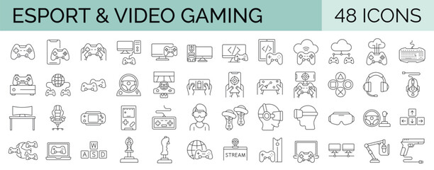 Fototapeta na wymiar Set of 48 editable stroke line icons related to video games, gaming, technology, gadget, esport. Vector illustration.