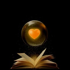magical open book with yellow heart in crystal ball 