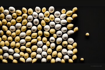  a group of white and yellow objects on a black surface with a black border around them and a black background with a black border around them.  generative ai