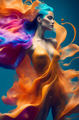 Generative AI multicolored painting of beautiful woman with abstract dress and long wavy hairs, underwater view