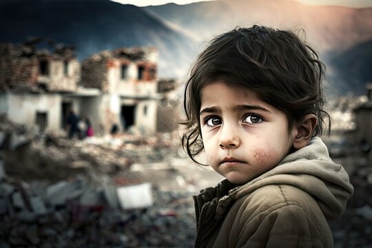 a sad girl standing in front of collapse buildings area, natural disaster or war victim,  sorrow scenery idea for support children's right , especially Turkey and Syria earthquake, Generative Ai