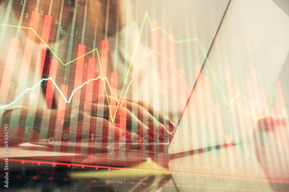 Poster multi exposure of woman hands typing on computer and financial graph hologram drawing. stock market 