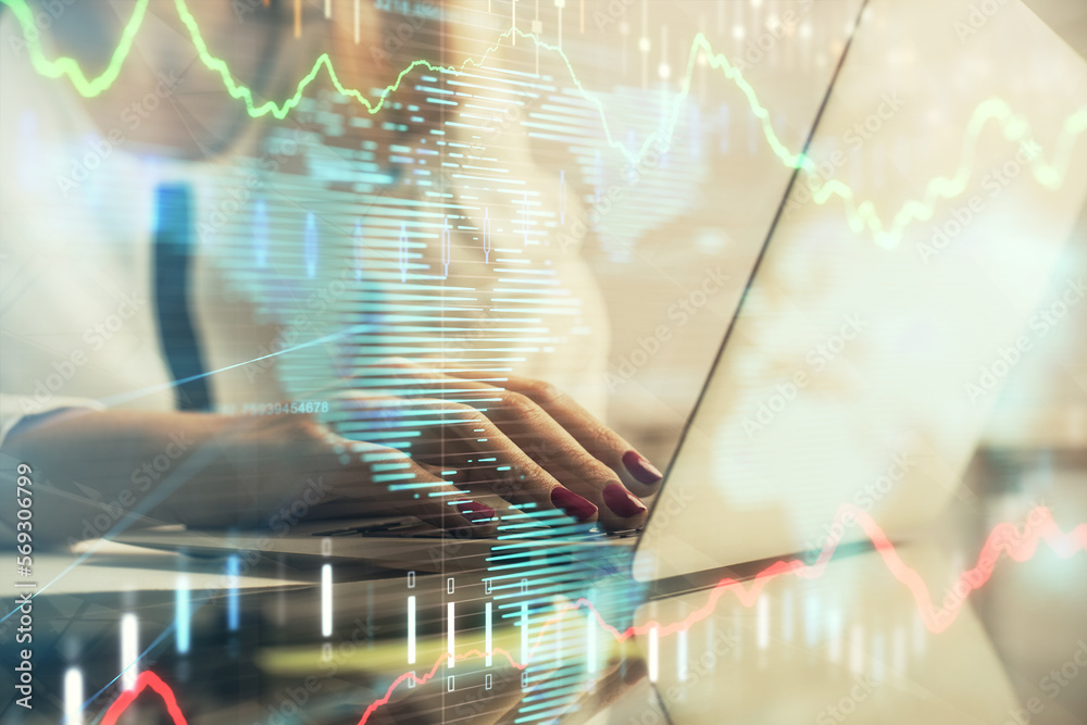 Poster multi exposure of woman hands typing on computer and financial graph hologram drawing. stock market 
