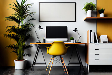 Stylish workspace with computer and posters on home or studio, AI Generated - obrazy, fototapety, plakaty