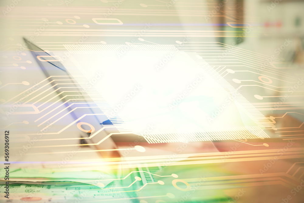 Aufkleber Multi exposure of woman hands working on computer and data theme hologram drawing. Tech concept.