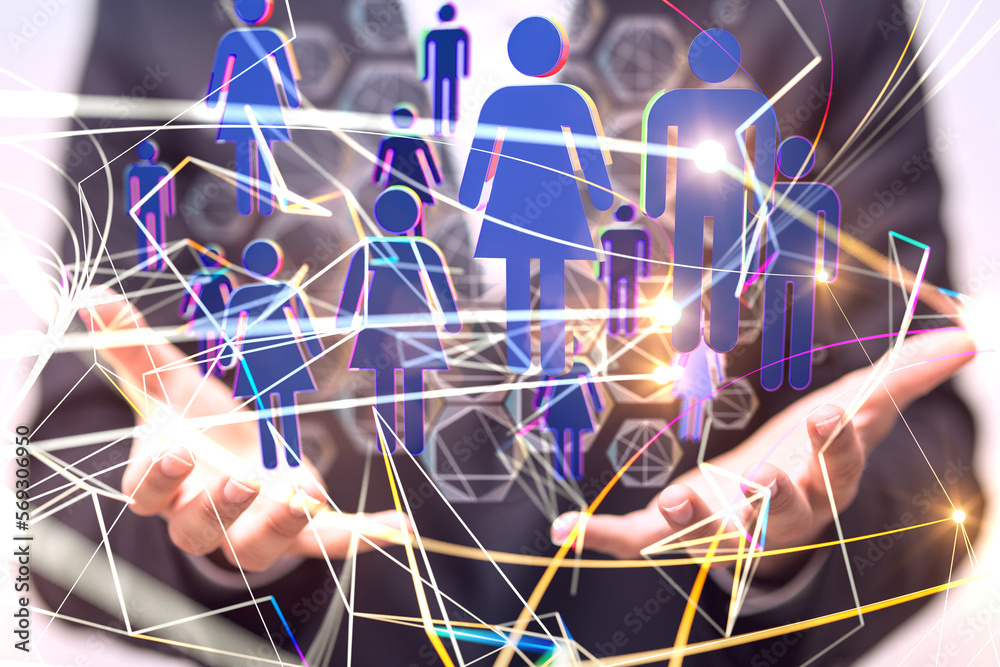 Poster Global network. Blockchain. 3D illustration. Neural networks and artificial intelligence. Abstract