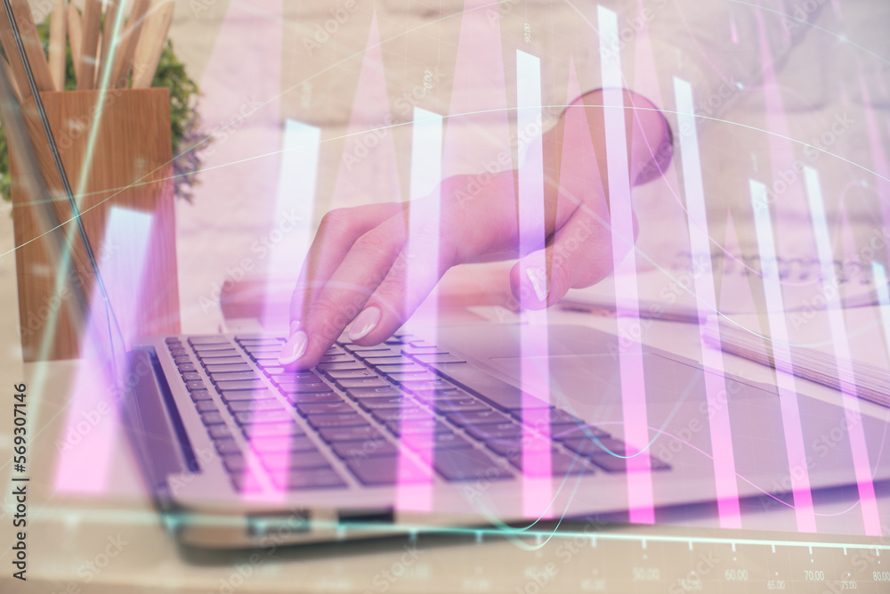 Poster multi exposure of woman hands typing on computer and forex chart hologram drawing. stock market anal