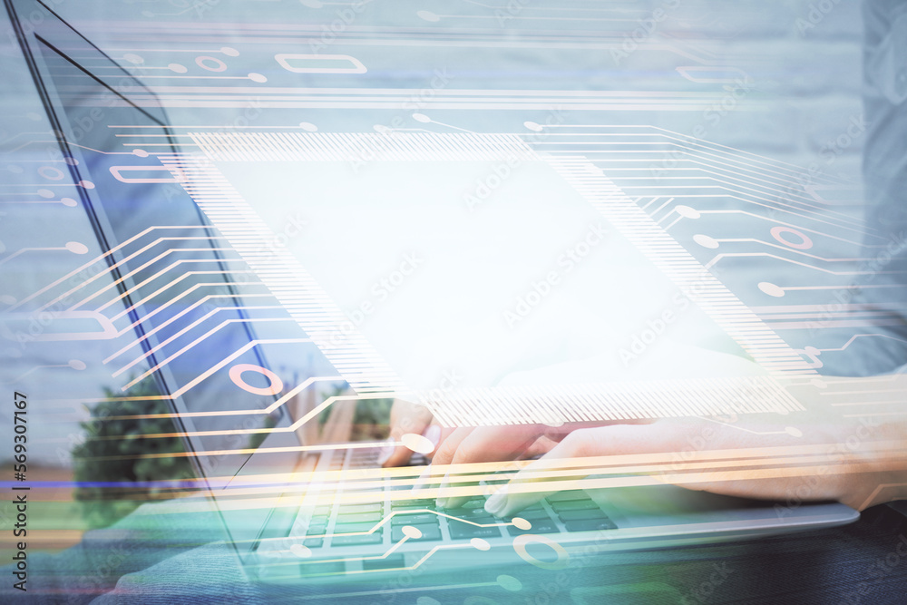 Poster Double exposure of woman hands working on computer and data theme hologram drawing. Tech concept.