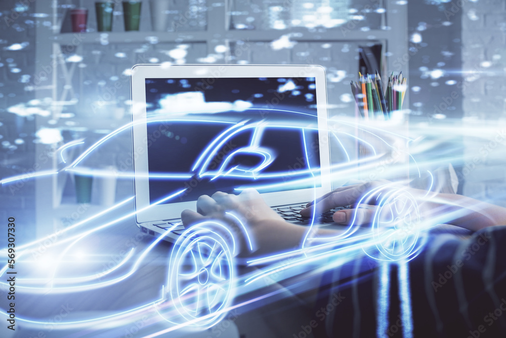Poster double exposure of woman hands typing on computer and automobile theme drawing. high tech concept.