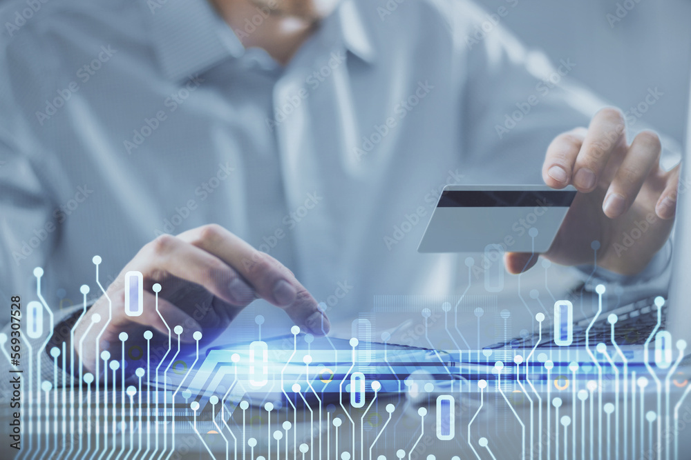 Aufkleber double exposure of man hands holding a credit card and data theme drawing. e-commerce and technology