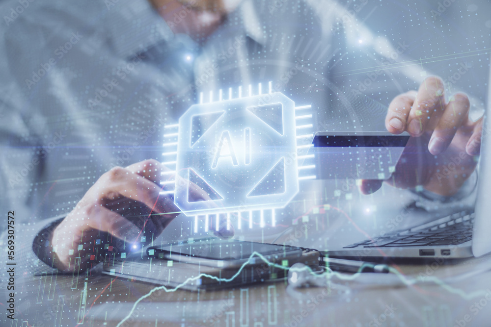Aufkleber double exposure of man hands holding a credit card and data theme drawing. e-commerce and technology