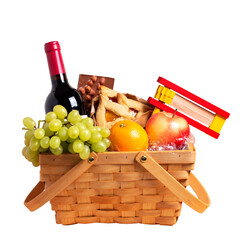 Isolated Purim basket, Purim gift basket with foods, wine, gragger and carnival costume accessories.