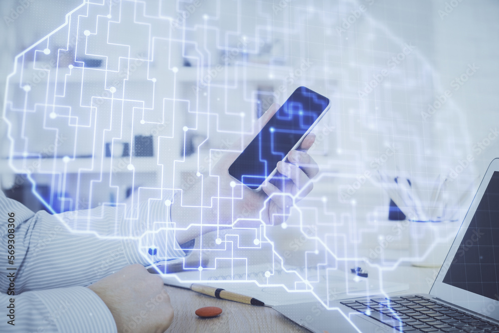 Aufkleber double exposure of man's hand holding and using a digital device and brain hologram drawing. data co