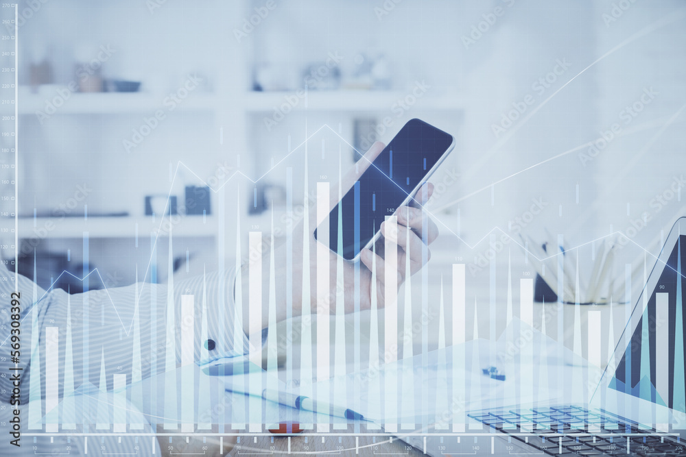 Poster double exposure of man's hands holding and using a digital device and forex graph drawing. financial