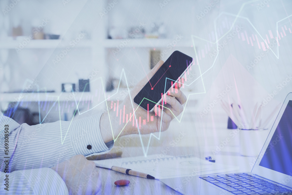 Poster Double exposure of man's hands holding and using a digital device and forex graph drawing. Financial market concept.
