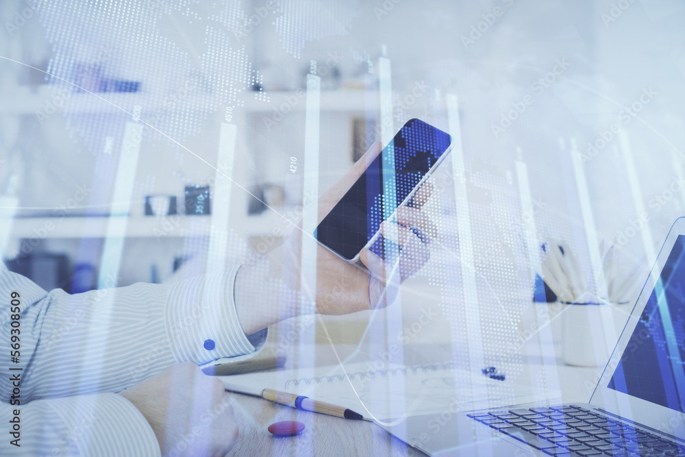 Poster double exposure of man's hands holding and using a digital device and forex graph drawing. financial