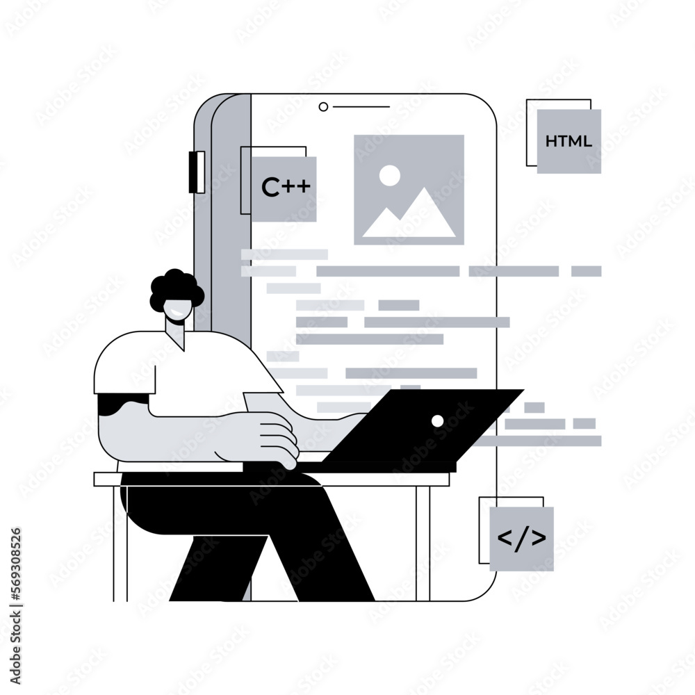 Poster mobile application development abstract concept vector illustration. mobile device app building plat