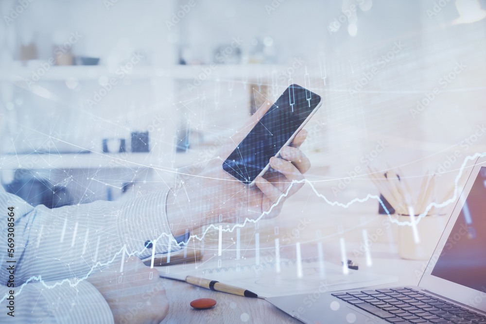 Poster Double exposure of man's hands holding and using a digital device and forex graph drawing. Financial market concept.
