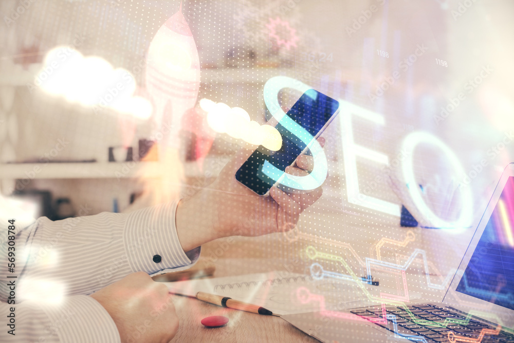 Poster multi exposure of man's hands holding and using a digital device and seo drawing. search optimizatio