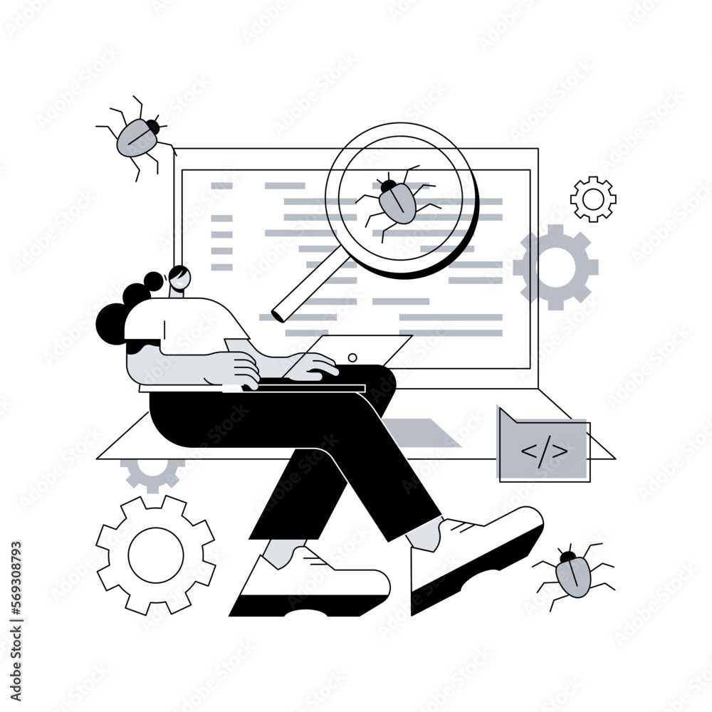 Poster software testing abstract concept vector illustration. it software application testing, quality assu