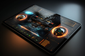 Digital HUD display on screen of a tablet, futuristic, UI, User Interface