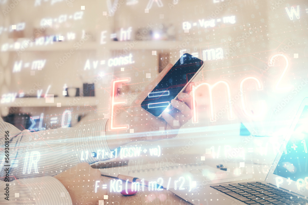 Poster double exposure of man's hands holding and using a phone and formulas drawing. education concept.