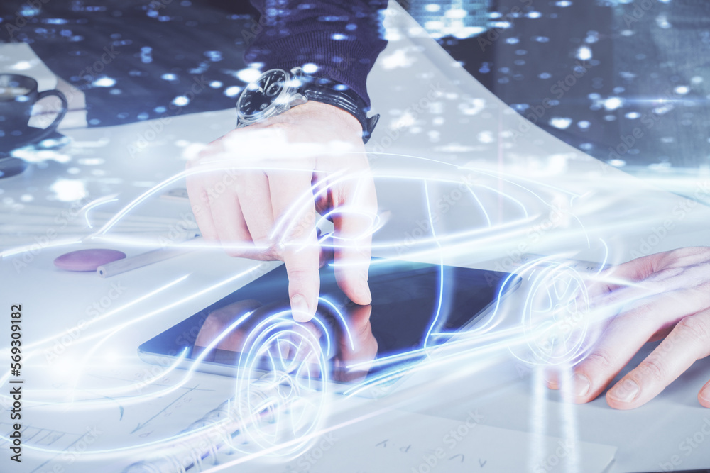 Poster double exposure of man's hands holding and using a digital device and automobile theme hologram draw