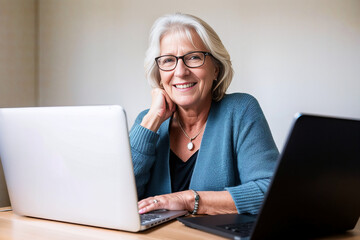 60 year old European woman, senior, working from home in front of a laptop, smiling, happy, generative ai, being on call with her team