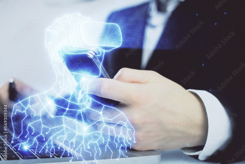 Poster double exposure of man's hands holding and using a digital device and ar glasses drawing. virtual re