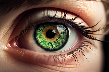 Fototapeta na wymiar Close up shot on a green eye with details on the iris, generative AI