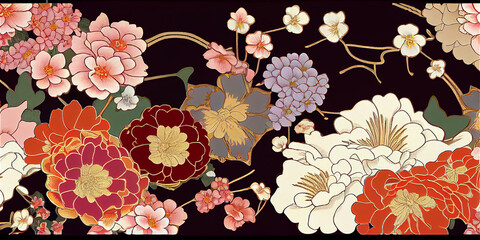 Fototapeta na wymiar Delicate Japanese style floral pattern, ideal for backgrounds, generative AI