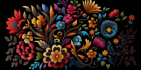 Fototapeta na wymiar Colorful Mexican floral pattern on a black background, generative AI