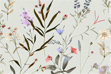 delicate wildflowers and herbs pattern, ideal for spring backgrounds, generative AI