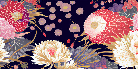 Delicate Japanese style floral pattern, ideal for backgrounds, generative AI