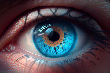 Fototapeta na wymiar Clouse up shot on a blue eye with details on the iris, generative AI