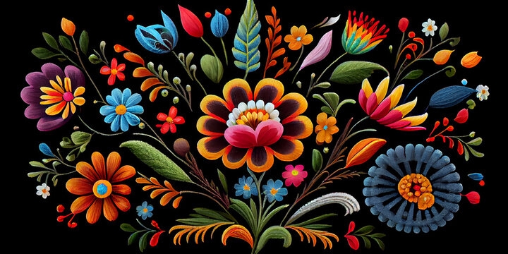 Colorful Mexican floral pattern on a black background, generative AI