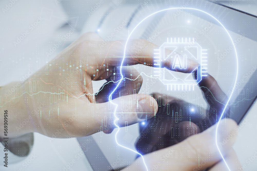 Poster Double exposure of man's hand holding and using a digital device and brain hologram drawing. Data concept.