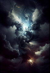 Stormy dramatic sky with angel shapes representing heaven, generative AI
