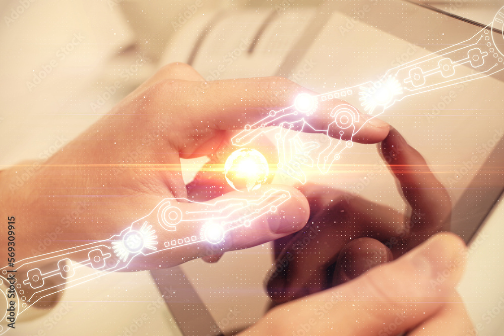 Aufkleber Multi exposure of man's hand holding and using a digital device and data theme drawing. Innovation concept.
