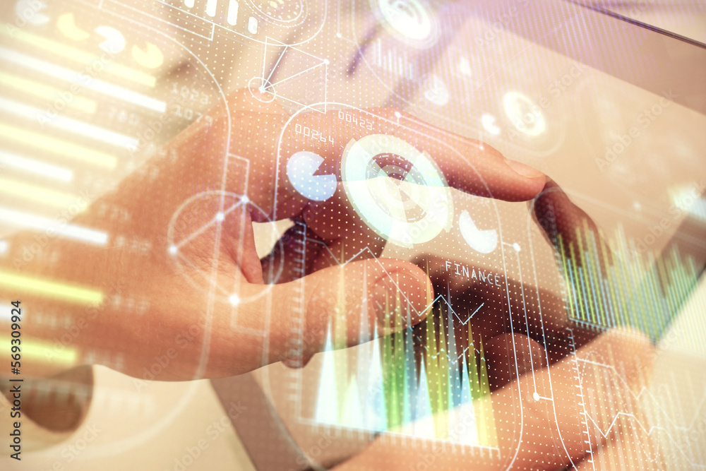 Poster Multi exposure of man's hand holding and using a digital device and data theme drawing. Innovation concept.
