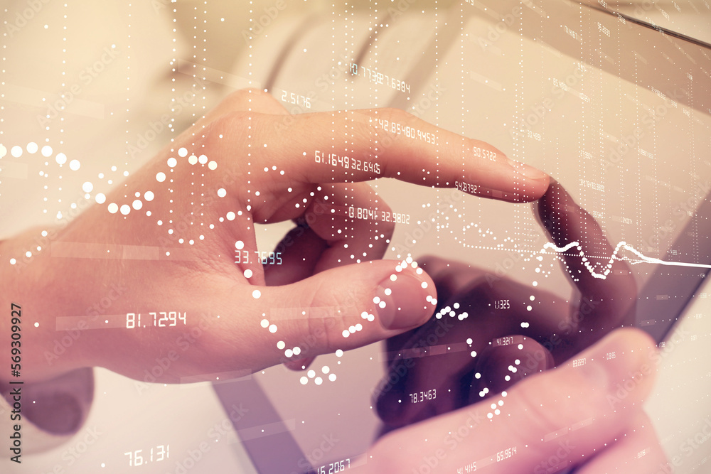 Poster Multi exposure of man's hand holding and using a digital device and data theme drawing. Innovation concept.