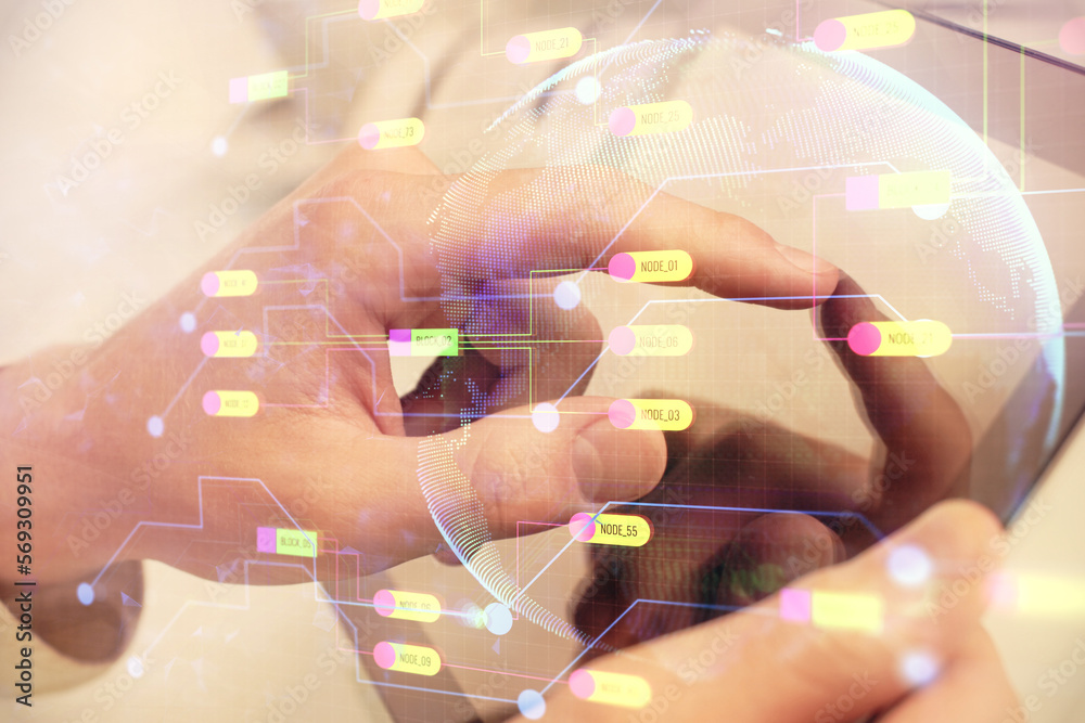 Poster Multi exposure of man's hand holding and using a digital device and data theme drawing. Innovation concept.