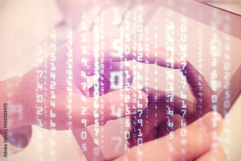 Poster Multi exposure of man's hand holding and using a digital device and data theme drawing. Innovation concept.