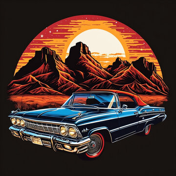 Generative AI Classic Vintage 64 Chevy Impala Convertible during sunset in the mountains, retro, old