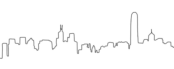 City skyline is drawn in one line art style. Printable art.
