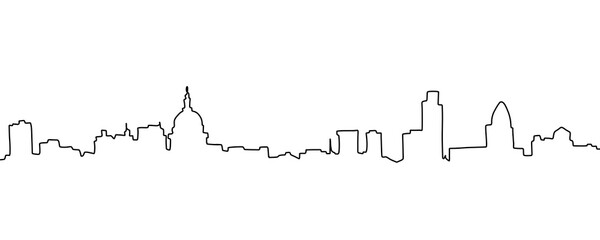 City skyline is drawn in one line art style. Printable art.