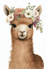 Foto auf Alu-Dibond Watercolor baby alpaca brown with flowers crown. Cute llama face farm animal. Beautiful portrait for concept design. include "Generative AI" © art_panda